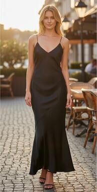 Vtg Kirna Zabete Luxury Stretch Silk Charmeuse Slip Maxi Dress Y2K Tulip Hem USA